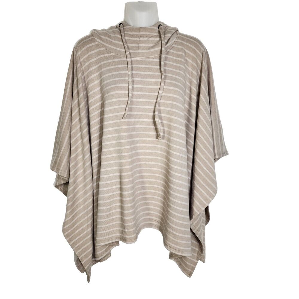 Ann Taylor Womens Hooded Poncho Size M/L Striped Tan Beige Drawstring Pullover